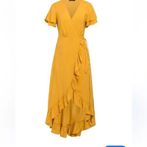 Simplee Women’s Ayla Ruffle Wrap Dress in‎ Mustard V-neck 100% Cotton SZ Small